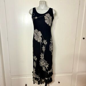 Vintage 90s/Y2K Black White Floral Fairy Hem Beaded Bias Cut Maxi Dress